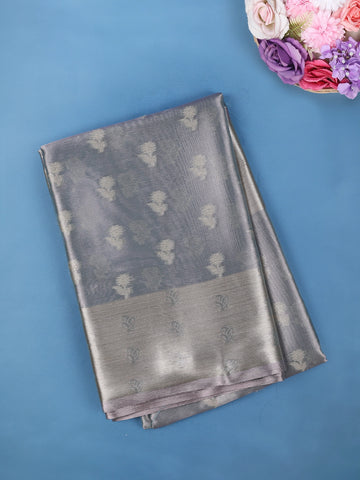 Steel Grey Floral Design Woven Tissue Silk Saree - Diadem