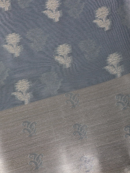 Steel Grey Floral Design Woven Tissue Silk Saree - Diadem