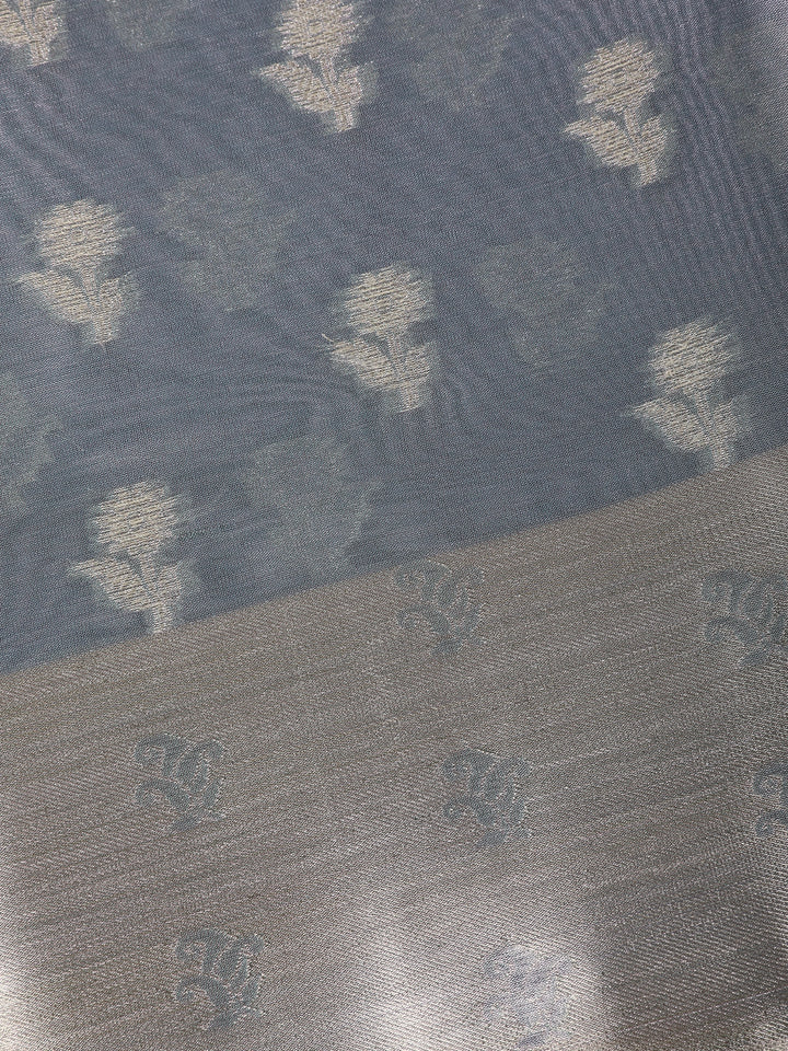 Steel Grey Floral Design Woven Tissue Silk Saree - Diadem