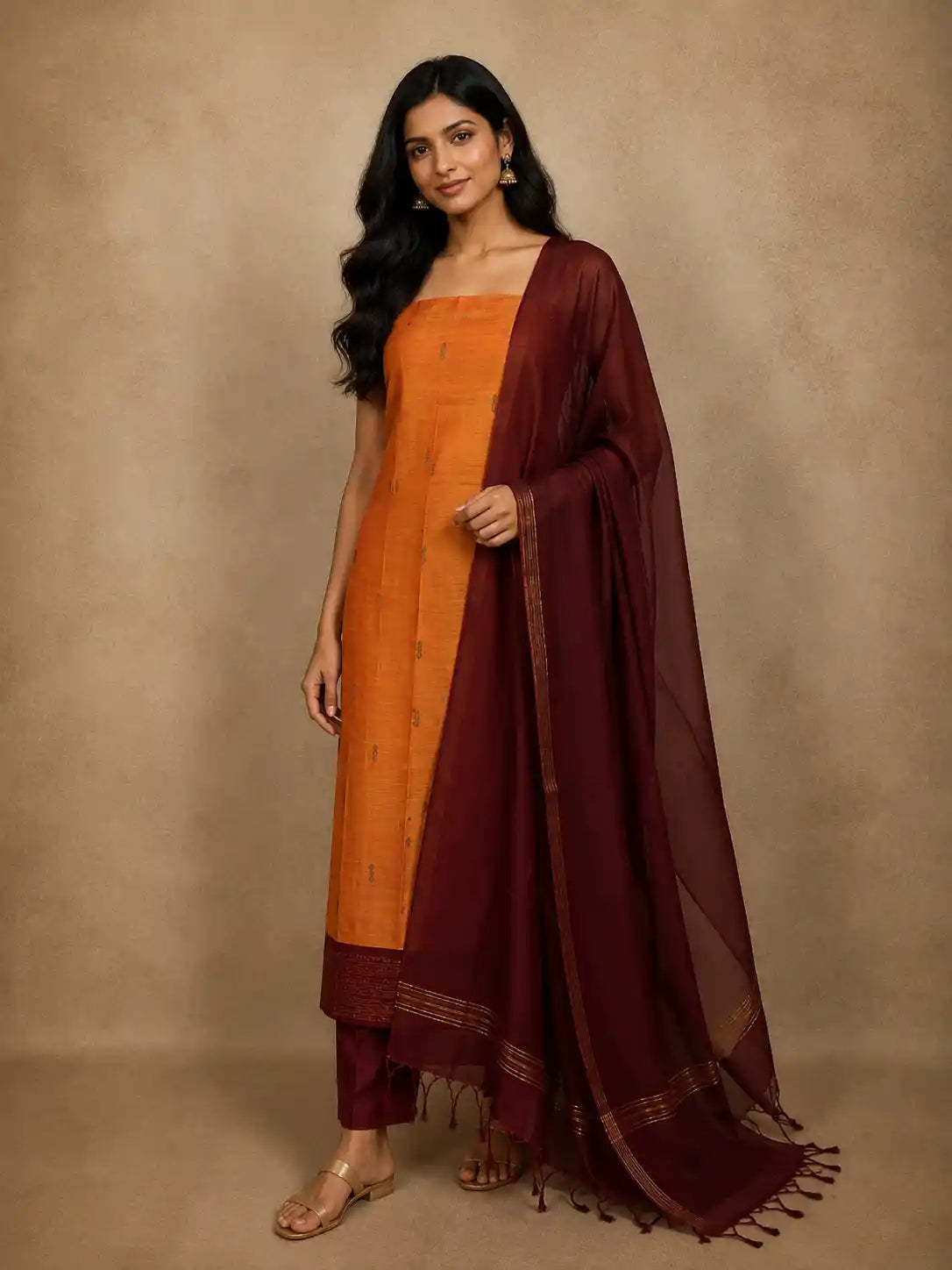 Sunset Orange Butta Woven Design Pure Cotton Unstitched Salwar Material with Contrast Dupatta