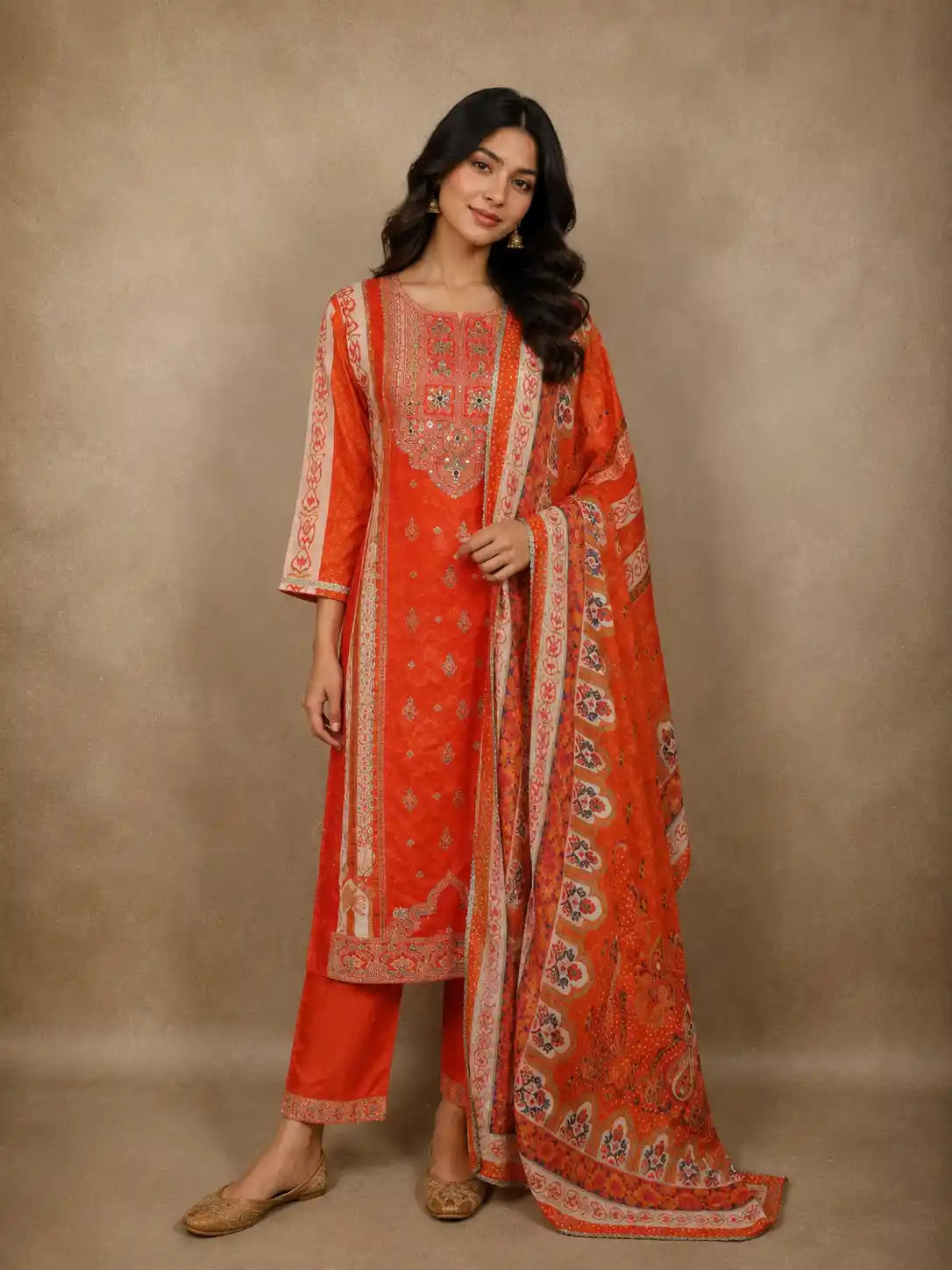Sunset Orange Floral Zari and Mirror Embroidered Design Crepe Salwar Suit