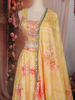 Sunshine Yellow Floral Print and Thread Embroidered Design Organza Lehenga