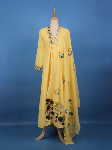 Sunshine Yellow Embroidered Cotton Salwar Suit Set - Diadem