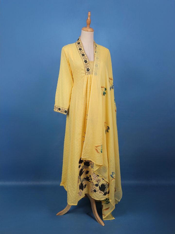 Sunshine Yellow Embroidered Cotton Salwar Suit Set - Diadem