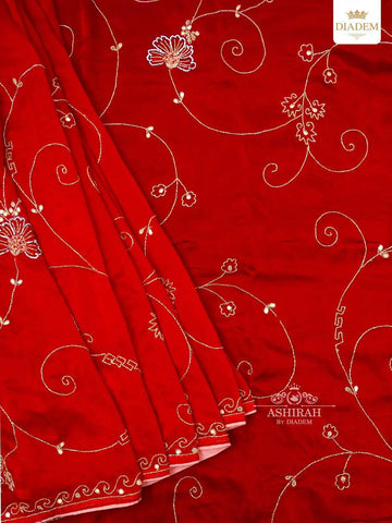 Red Chiffon Saree Embellished with Beads and Mirror Work - Diadem