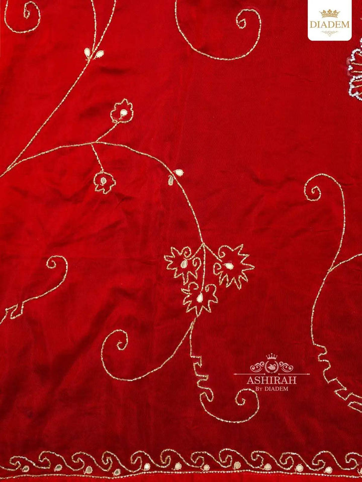 Red Chiffon Saree Embellished with Beads and Mirror Work - Diadem