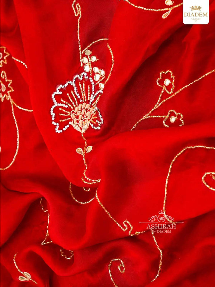 Red Chiffon Saree Embellished with Beads and Mirror Work - Diadem