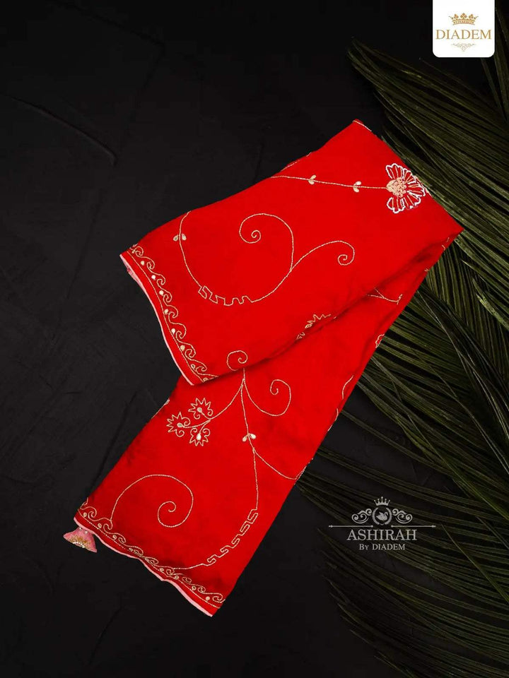 Red Chiffon Saree Embellished with Beads and Mirror Work - Diadem