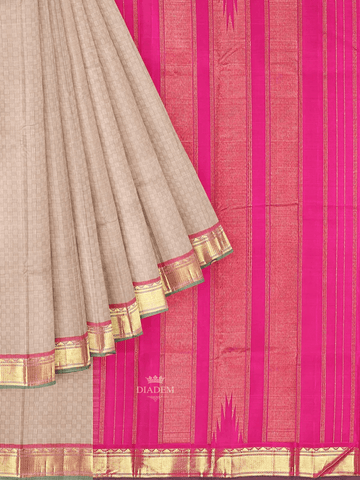 Beige Pure Kanchipuram Bridal Silk Saree with Checks Design on the body and Contrast Zari Border - Diadem