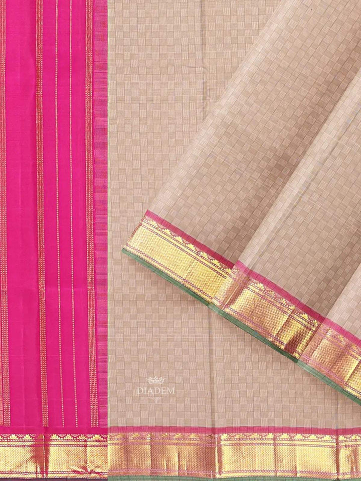 Beige Pure Kanchipuram Bridal Silk Saree with Checks Design on the body and Contrast Zari Border - Diadem