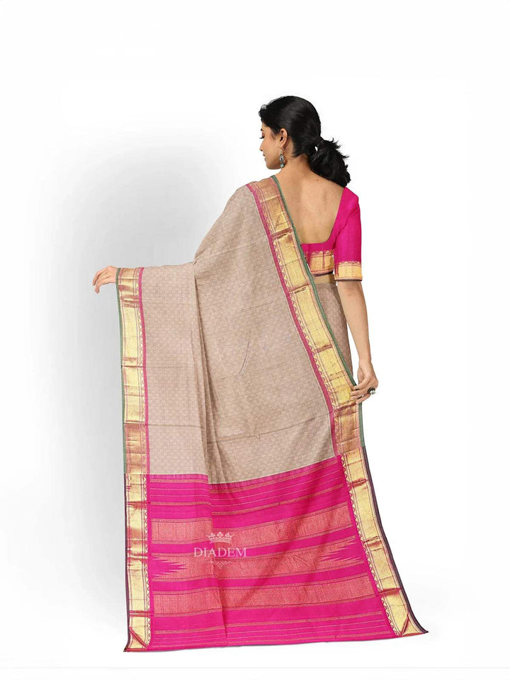 Beige Pure Kanchipuram Bridal Silk Saree with Checks Design on the body and Contrast Zari Border - Diadem