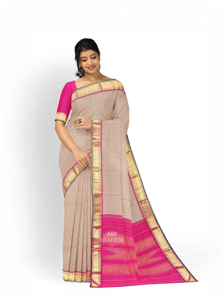 Beige Pure Kanchipuram Bridal Silk Saree with Checks Design on the body and Contrast Zari Border - Diadem