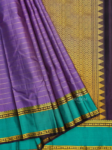 Light Purple Pure Kanchipuram Silk Saree with Horizontal Stripes on the body with Zari Border - Diadem