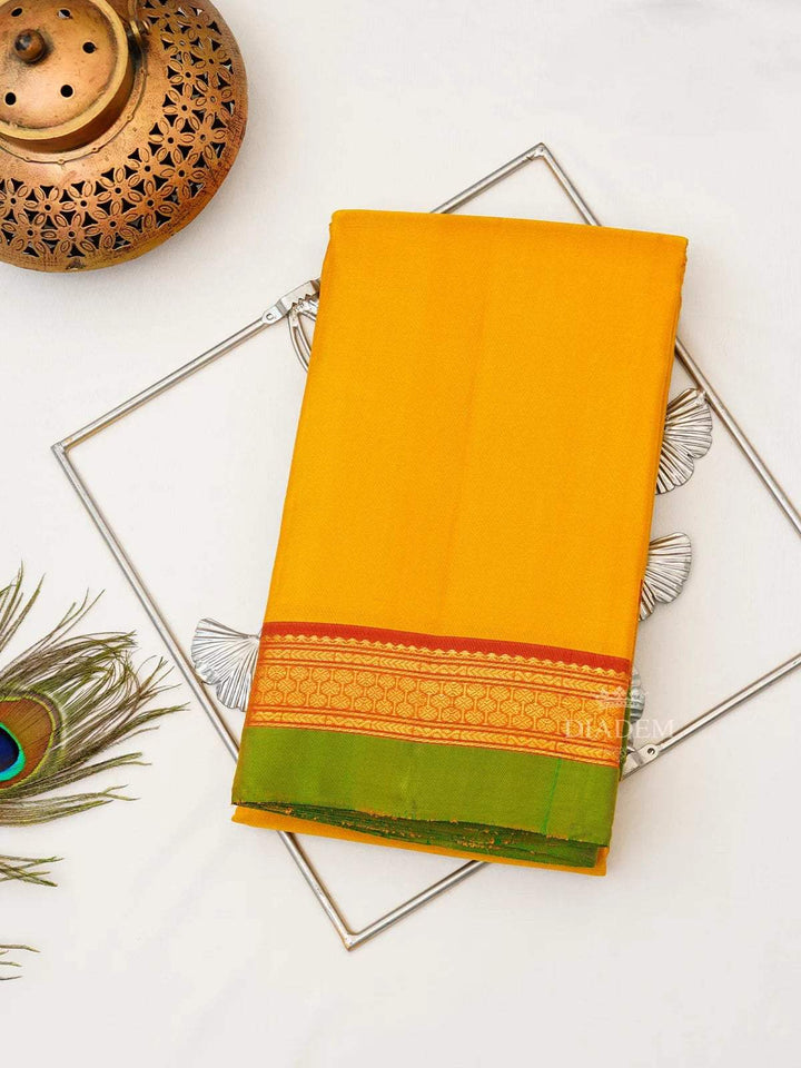 Mustard Yellow Pure Kanchipuram Pattu Saree with Plain body and Double color Zari Border - Diadem