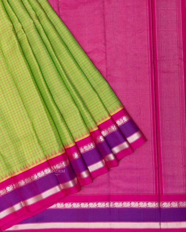 Parrot Green Gadwal Silk Saree with Checked design on the body and Temple Zari Border - Diadem