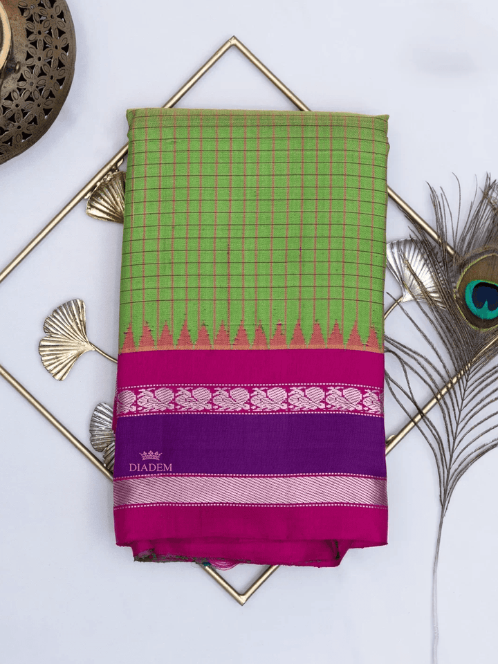 Parrot Green Gadwal Silk Saree with Checked design on the body and Temple Zari Border - Diadem