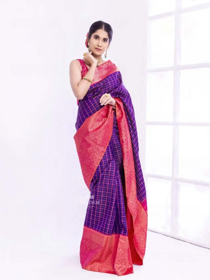 Purple Pure Kanchipuram Bridal Silk Saree with Zari Checks on the body and Flower Motifs Zari Border - Diadem