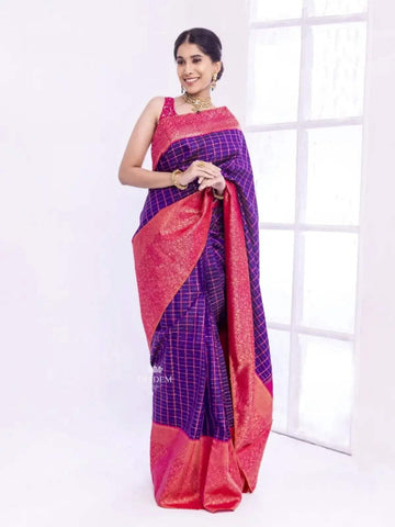 Purple Pure Kanchipuram Bridal Silk Saree with Zari Checks on the body and Flower Motifs Zari Border - Diadem