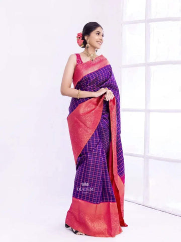 Purple Pure Kanchipuram Bridal Silk Saree with Zari Checks on the body and Flower Motifs Zari Border - Diadem