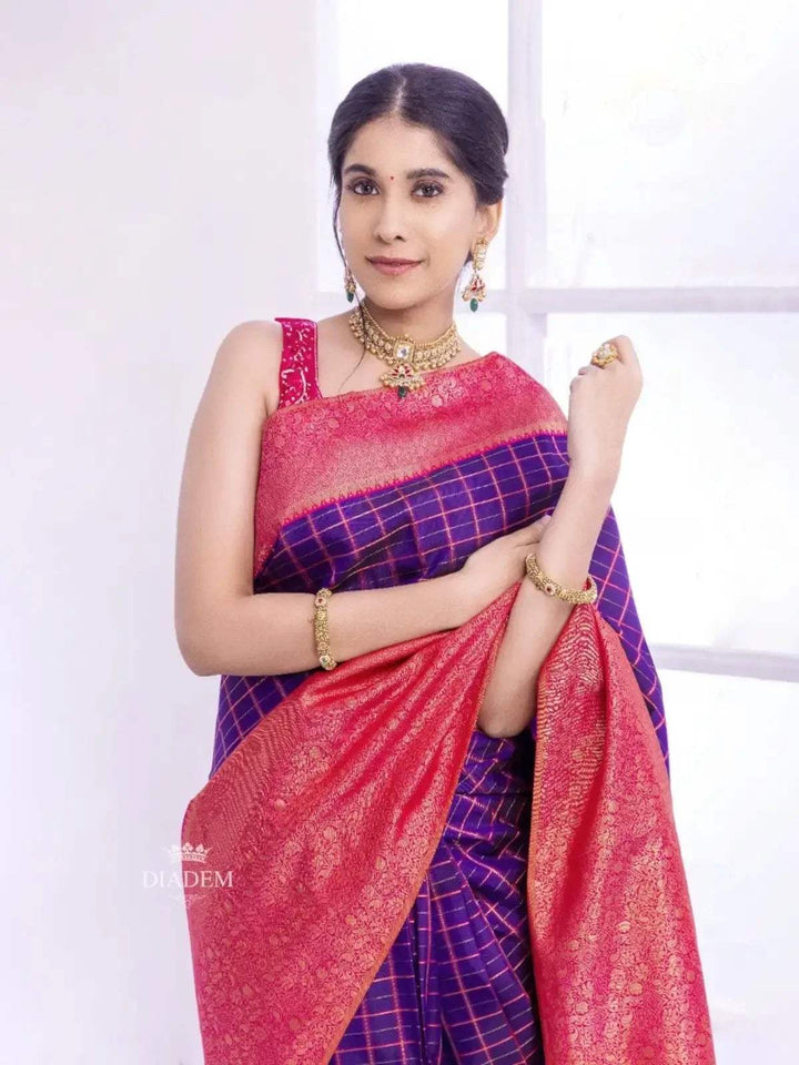 Purple Pure Kanchipuram Bridal Silk Saree with Zari Checks on the body and Flower Motifs Zari Border - Diadem