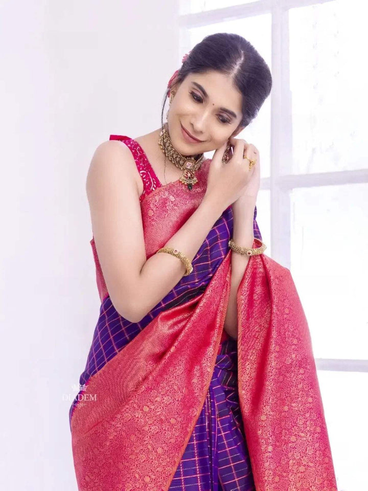 Purple Pure Kanchipuram Bridal Silk Saree with Zari Checks on the body and Flower Motifs Zari Border - Diadem