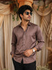 Taupe Brown Solid Woven Design Satin Party Wear Full Sleeve Men Shirt