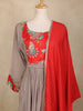 Taupe Grey Floral Embroidered Cotton Anarkali Suit with Dupatta