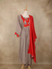 Taupe Grey Floral Embroidered Cotton Anarkali Suit with Dupatta