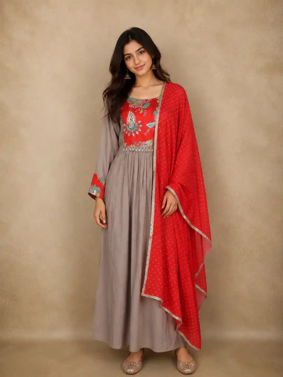 Taupe Grey Floral Embroidered Cotton Anarkali Suit with Dupatta