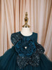 Teal Blue 3D Floral Appliqué Sequins Embroidered Design Ruffled Layered Net Party Wear Frock