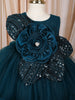 Teal Blue 3D Floral Appliqué Sequins Embroidered Design Ruffled Layered Net Party Wear Frock