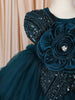 Teal Blue 3D Floral Appliqué Sequins Embroidered Design Ruffled Layered Net Party Wear Frock