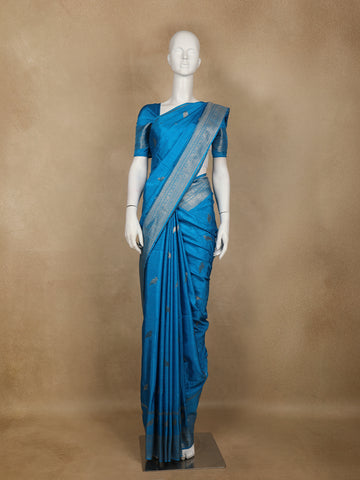 Teal Blue Bird Design Raw Silk Saree - Diadem