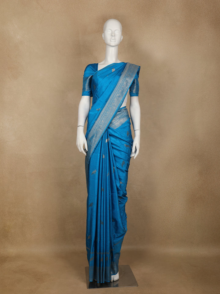 Teal Blue Bird Design Raw Silk Saree - Diadem