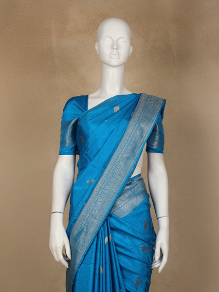 Teal Blue Bird Design Raw Silk Saree - Diadem