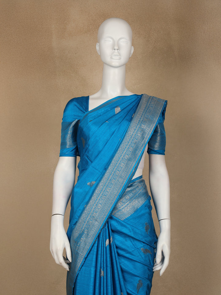 Teal Blue Bird Design Raw Silk Saree - Diadem