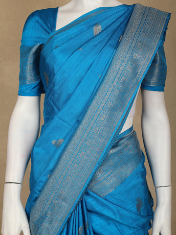 Teal Blue Bird Design Raw Silk Saree - Diadem