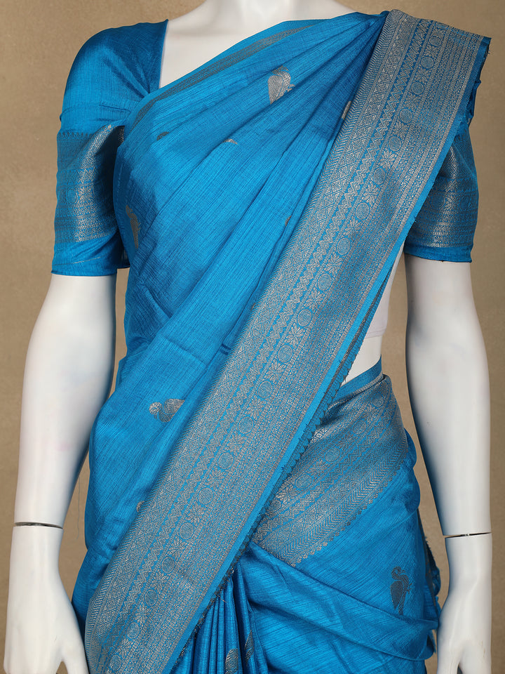 Teal Blue Bird Design Raw Silk Saree - Diadem