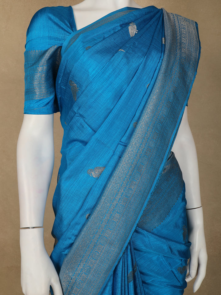 Teal Blue Bird Design Raw Silk Saree - Diadem