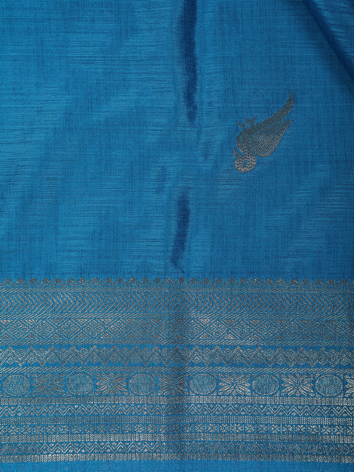 Teal Blue Bird Design Raw Silk Saree - Diadem