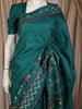 Teal Blue Birds Motif Printed Design Pure Tussar Saree with Woven Border