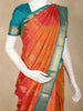 Orange and Pink Dual-Tone Striped Woven Design Kanchipuram Silk Saree with Contrast Teal Zari Border