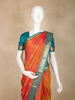 Orange and Pink Dual-Tone Striped Woven Design Kanchipuram Silk Saree with Contrast Teal Zari Border