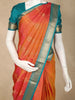 Orange and Pink Dual-Tone Striped Woven Design Kanchipuram Silk Saree with Contrast Teal Zari Border
