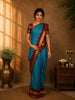 Teal Blue Checked Butta Woven Soft Silk Saree with Maroon Zari Border