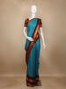 Teal Blue Checked Butta Woven Soft Silk Saree with Maroon Zari Border