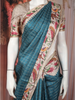 Teal Blue Checked Design Tussar Saree with Floral Printed Border