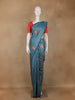 Teal Blue Checked Soft Silk Saree With Contrast Red Zari Blouse - Diadem
