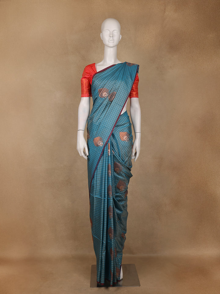 Teal Blue Checked Soft Silk Saree With Contrast Red Zari Blouse - Diadem