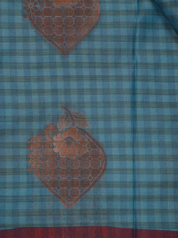 Teal Blue Checked Soft Silk Saree With Contrast Red Zari Blouse - Diadem